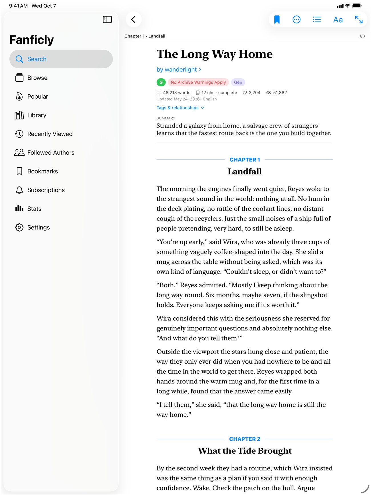 Fanficly on iPad with the story text set in a serif typeface