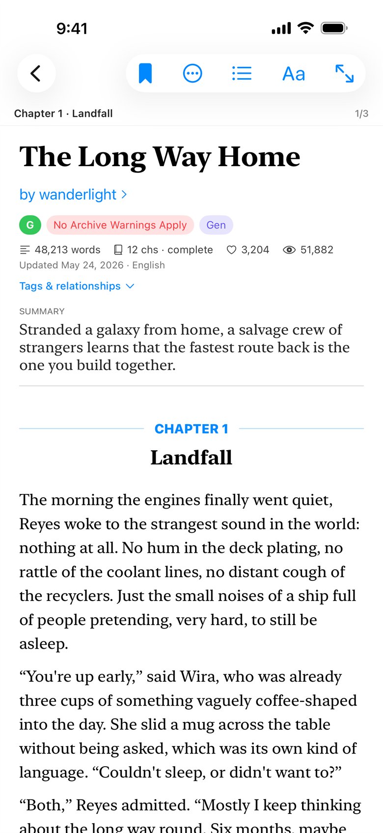 Fanficly on iPhone opening a story
