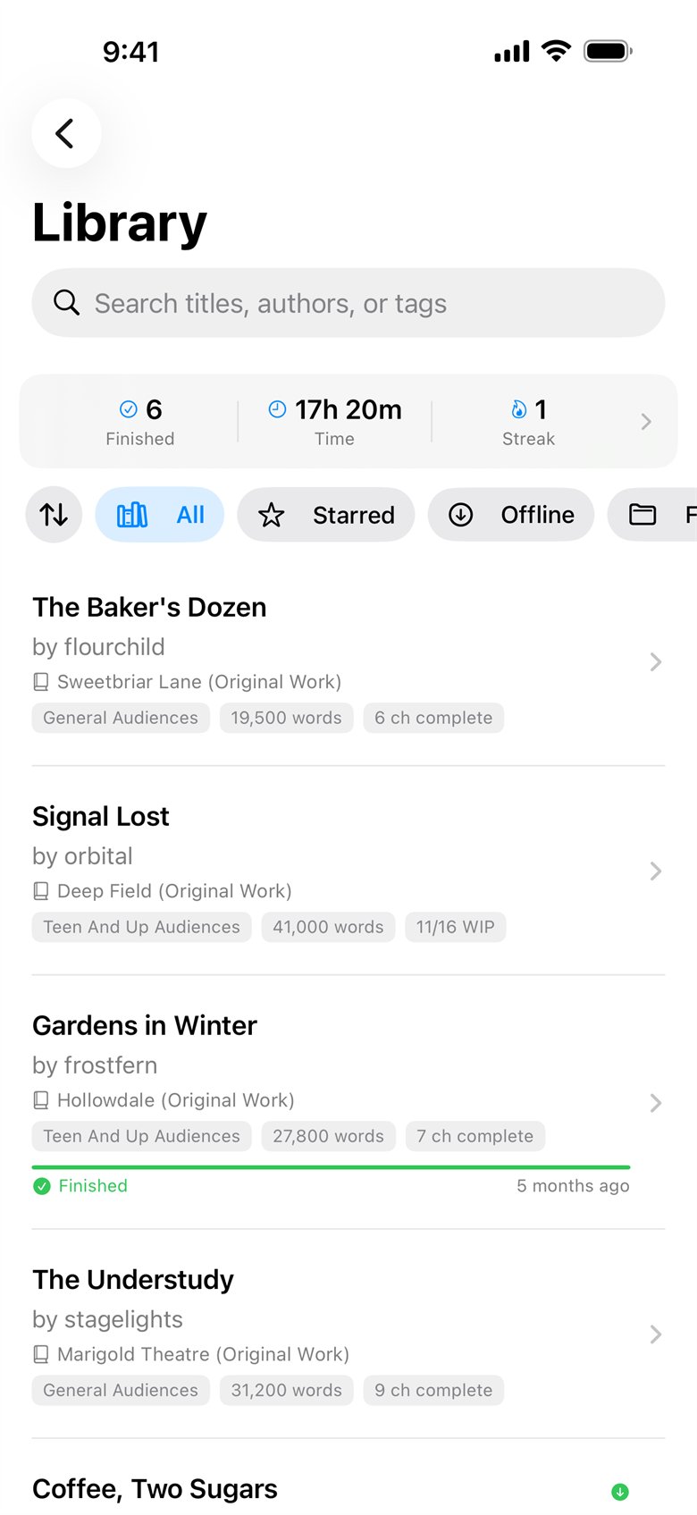 The Library on iPhone with reading stats and progress