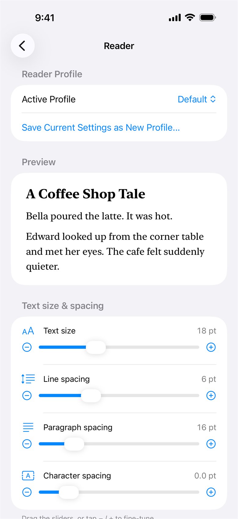 Reader settings with text size and spacing sliders