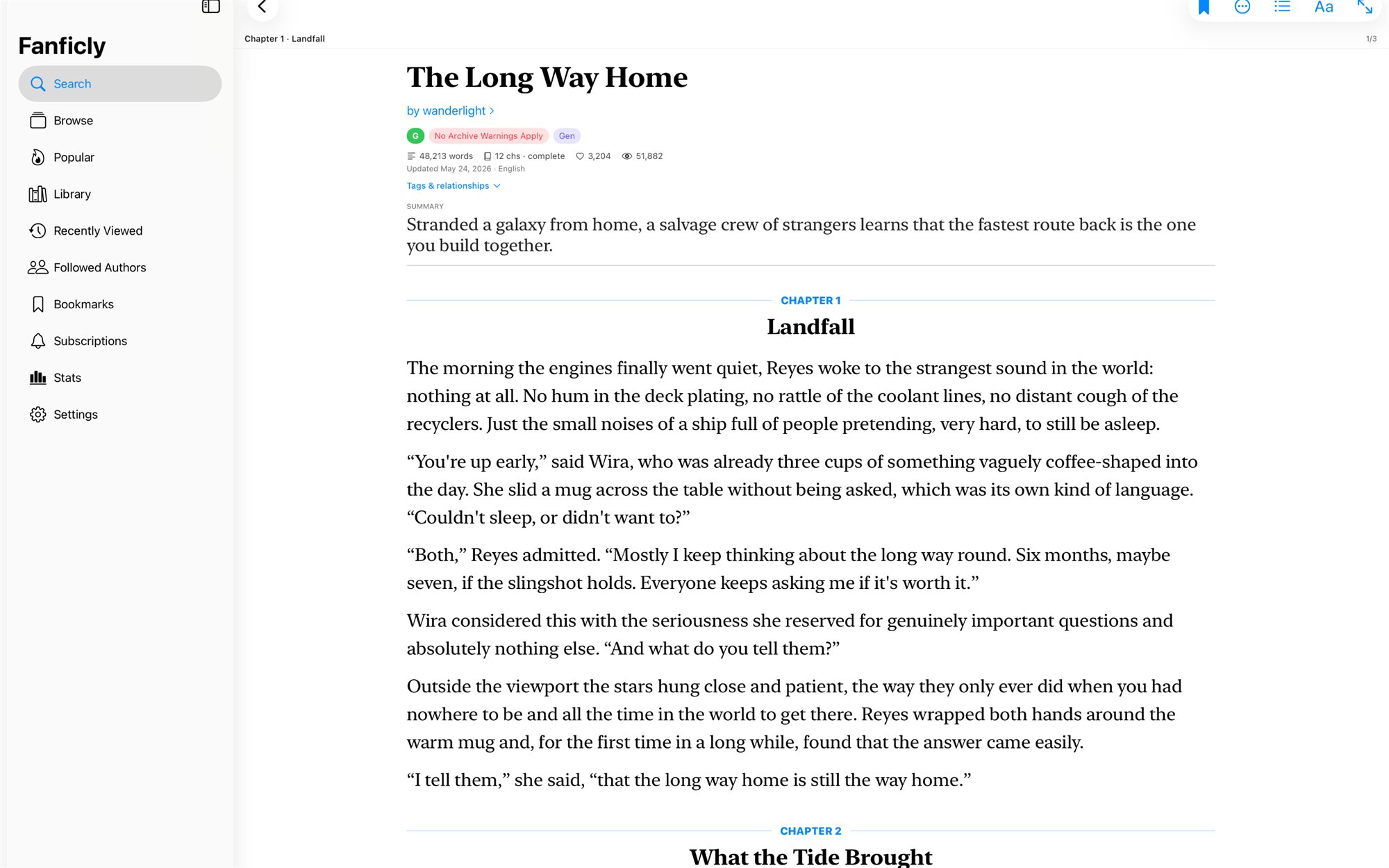 Fanficly on the Mac with the sidebar and a story open