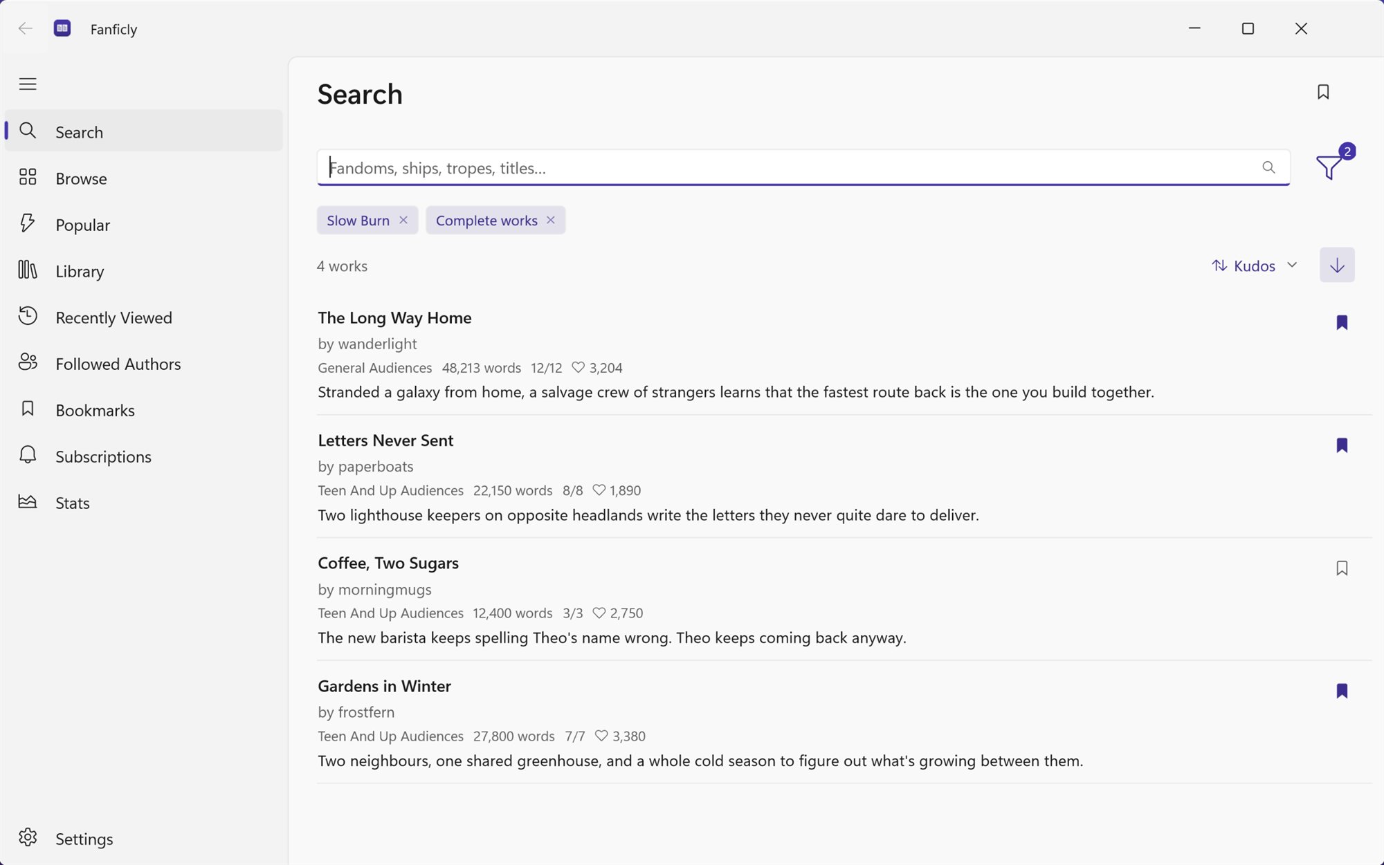 Search results on Windows filtered to Slow Burn and complete works