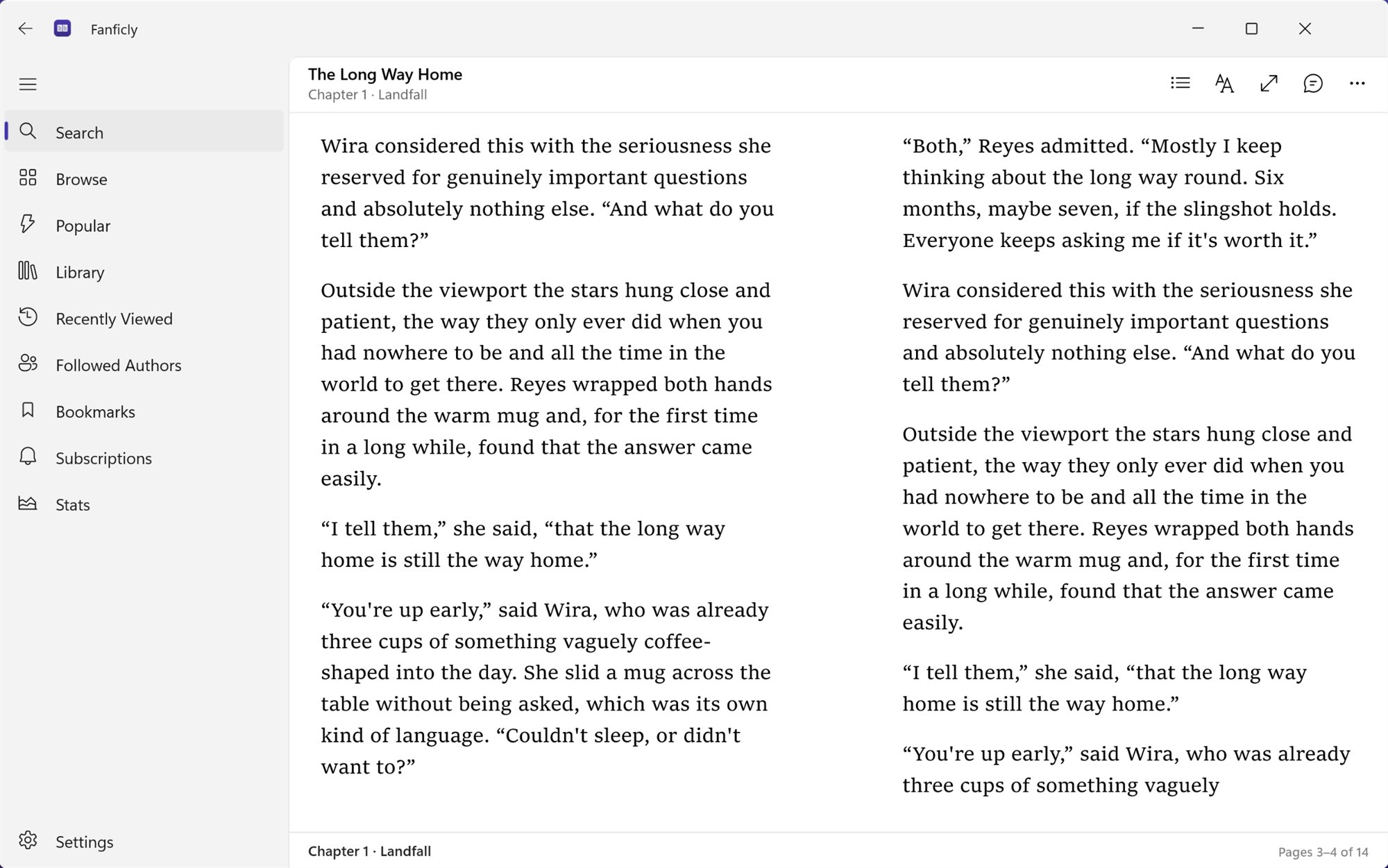 Fanficly on Windows showing The Long Way Home as a two-page spread